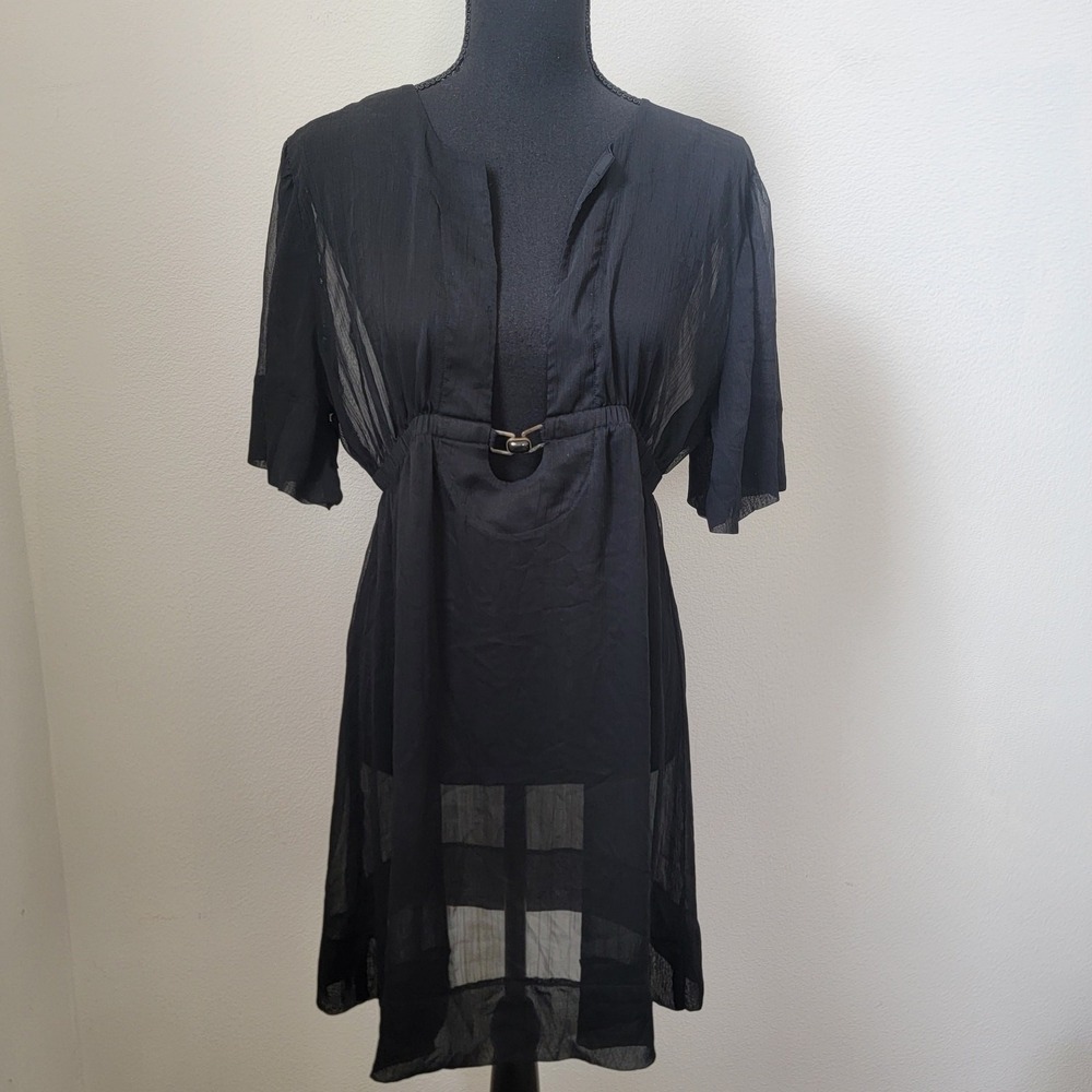 Anne Cole Collection Black Mesh V-neck Short Sleeve Dress Sz Large Buckle Resort